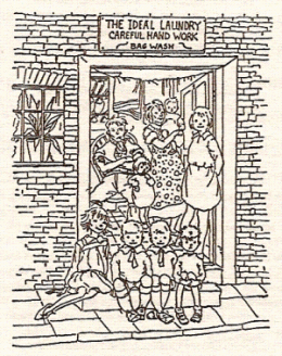 drawing of large family, small house, and bag-wash sign